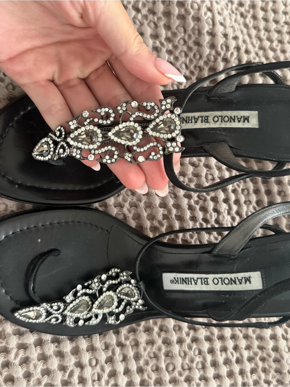 Manolo Blahnik Black Leather Sandals with Crystal Embellishment